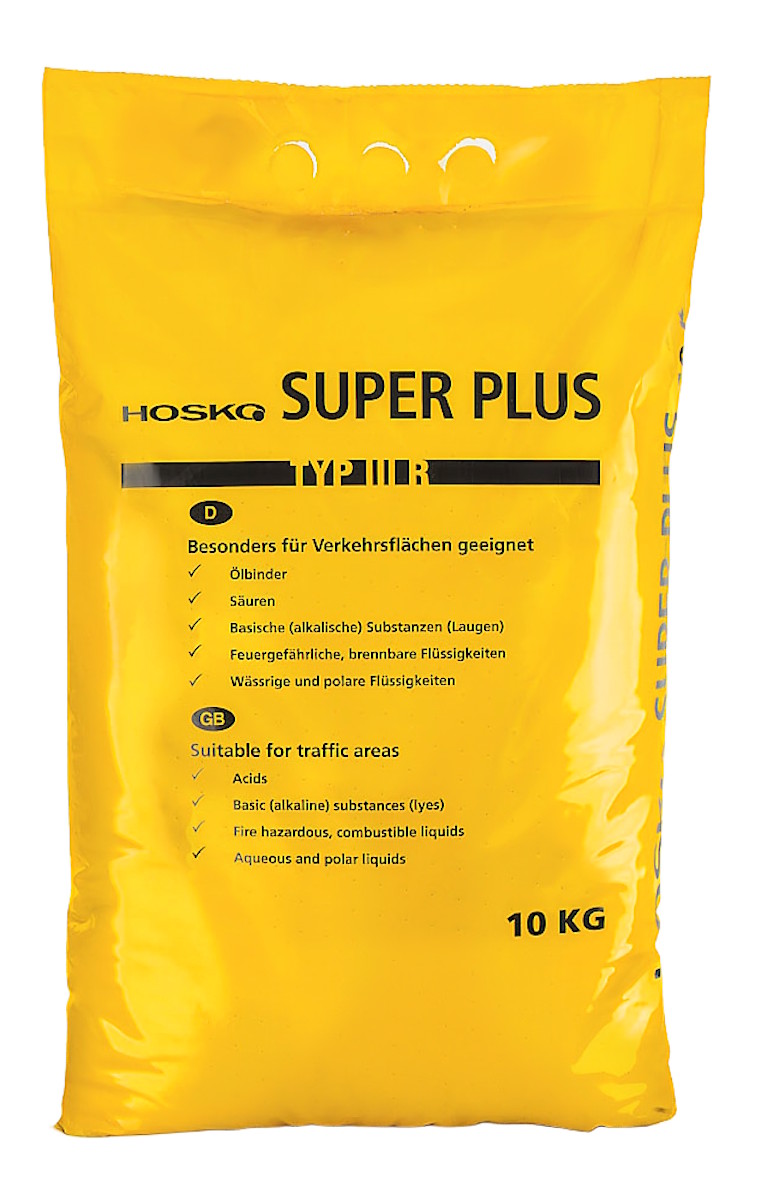 Hosko SUPERPLUS, der Vielzweckbinder ist ein Granulat zur Bindung aller Flüssigkeiten, wie Öle, Säuren, Basen und wässerige sowie organische Lösemittel auf jeder festen Oberfläche.